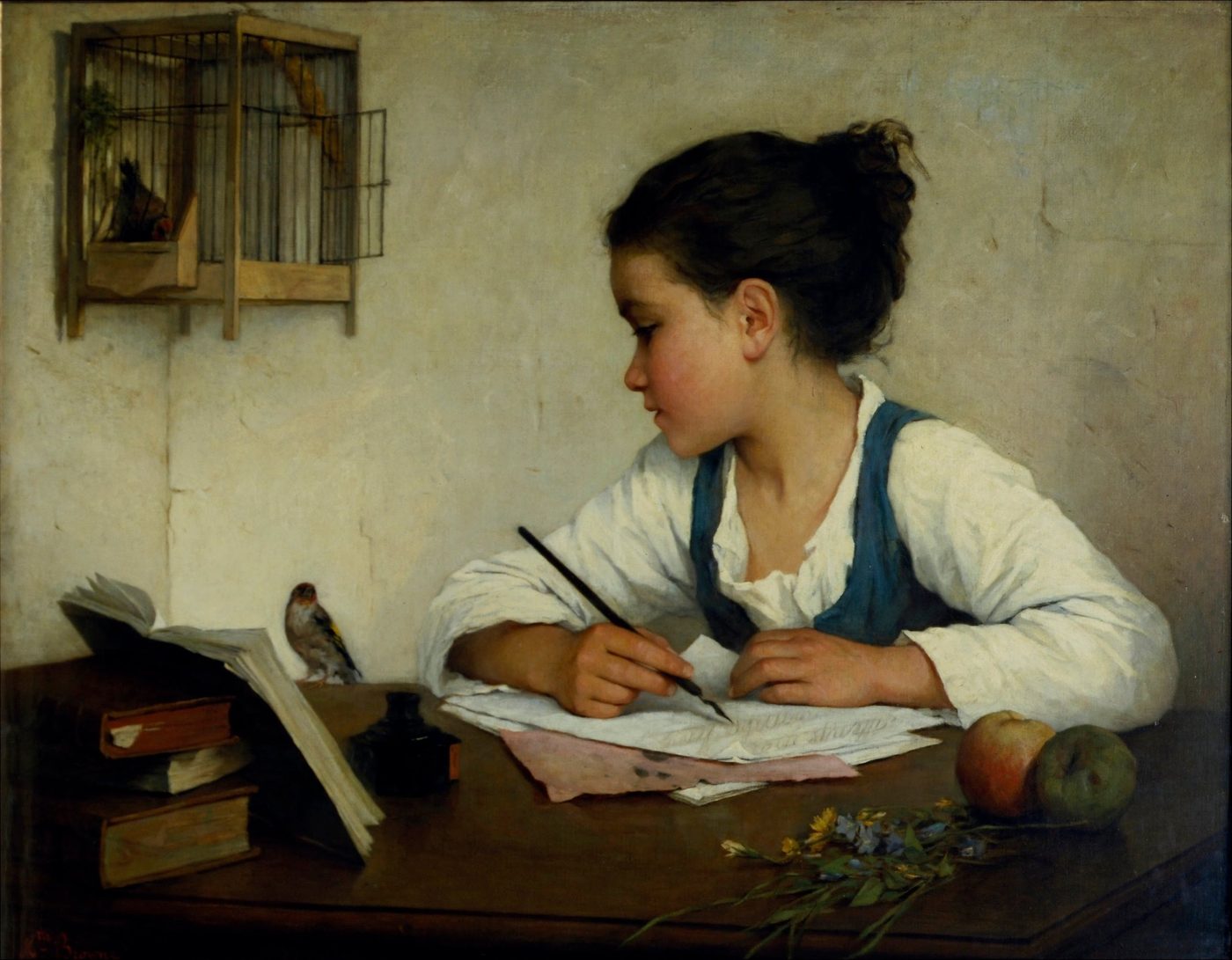 Henriette Browne's painting A Girl Writing: a girl in a blue pinafore writing at her desk beside a pet goldfinch