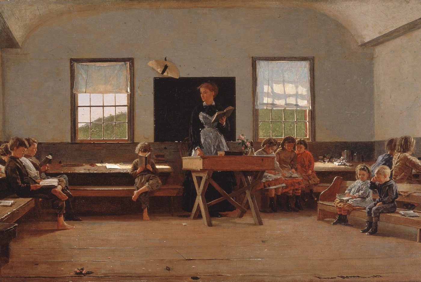 Winslow Homer's painting The Country School: a teacher reading to pupils in a one-room schoolhouse