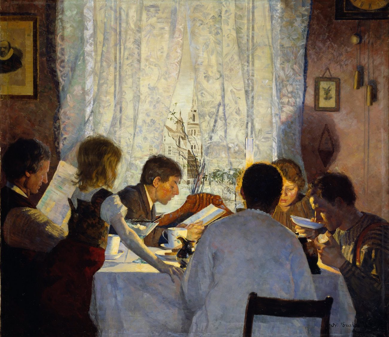 Gustav Wentzel's painting Breakfast II: a family reading together around the breakfast table